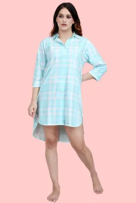 Velure Classic Blue Checkered Casual  Short Night Shirt