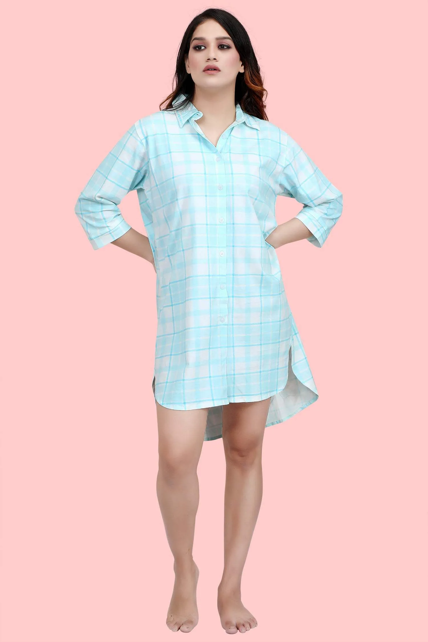 Velure Classic Blue Checkered Casual  Short Night Shirt
