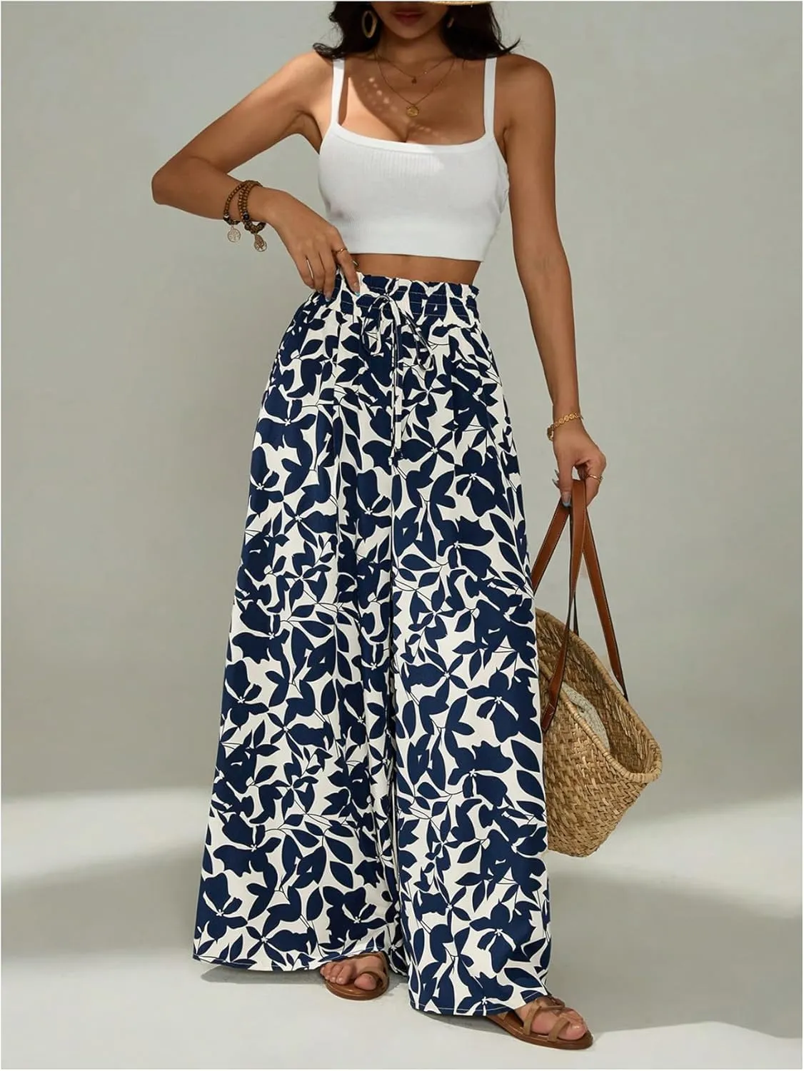 Verdusa Women's Wide Leg Pants Leopard Print Paperbag Waist Palazzo Pant