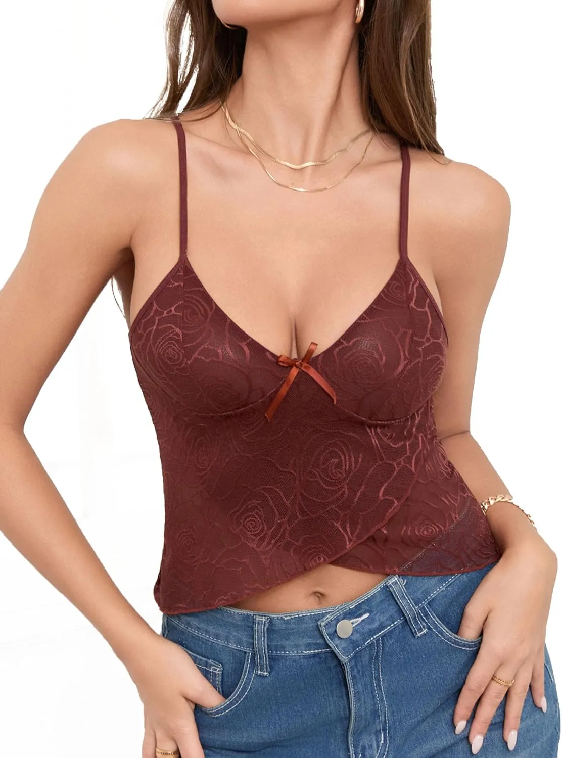 Women Y2K Lace Stretch Camisole Sexy Mesh See Through Tank Top Lingerie S-XXL
