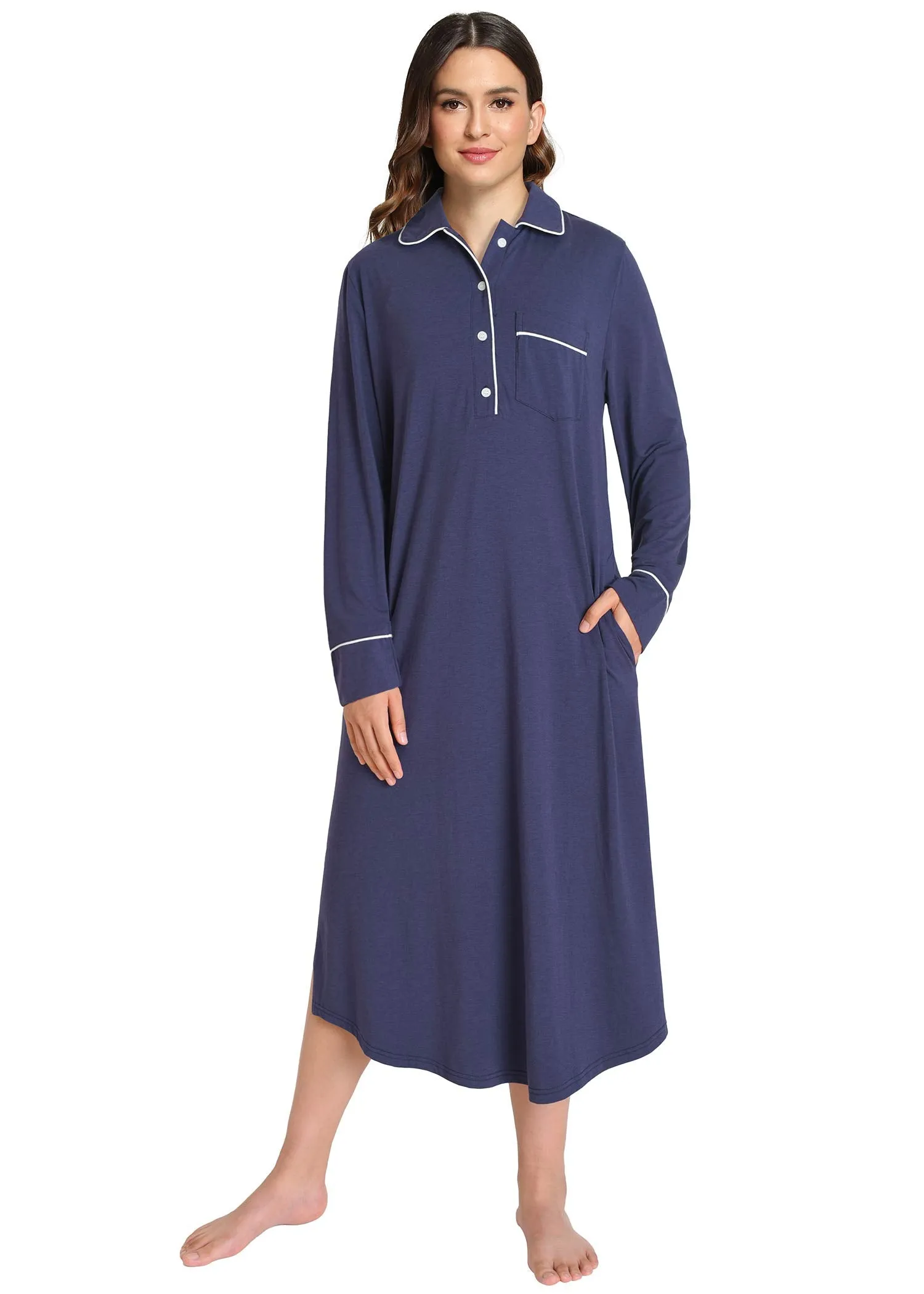 Women's Button Down Sleep Shirt Long Sleeves Nightgown