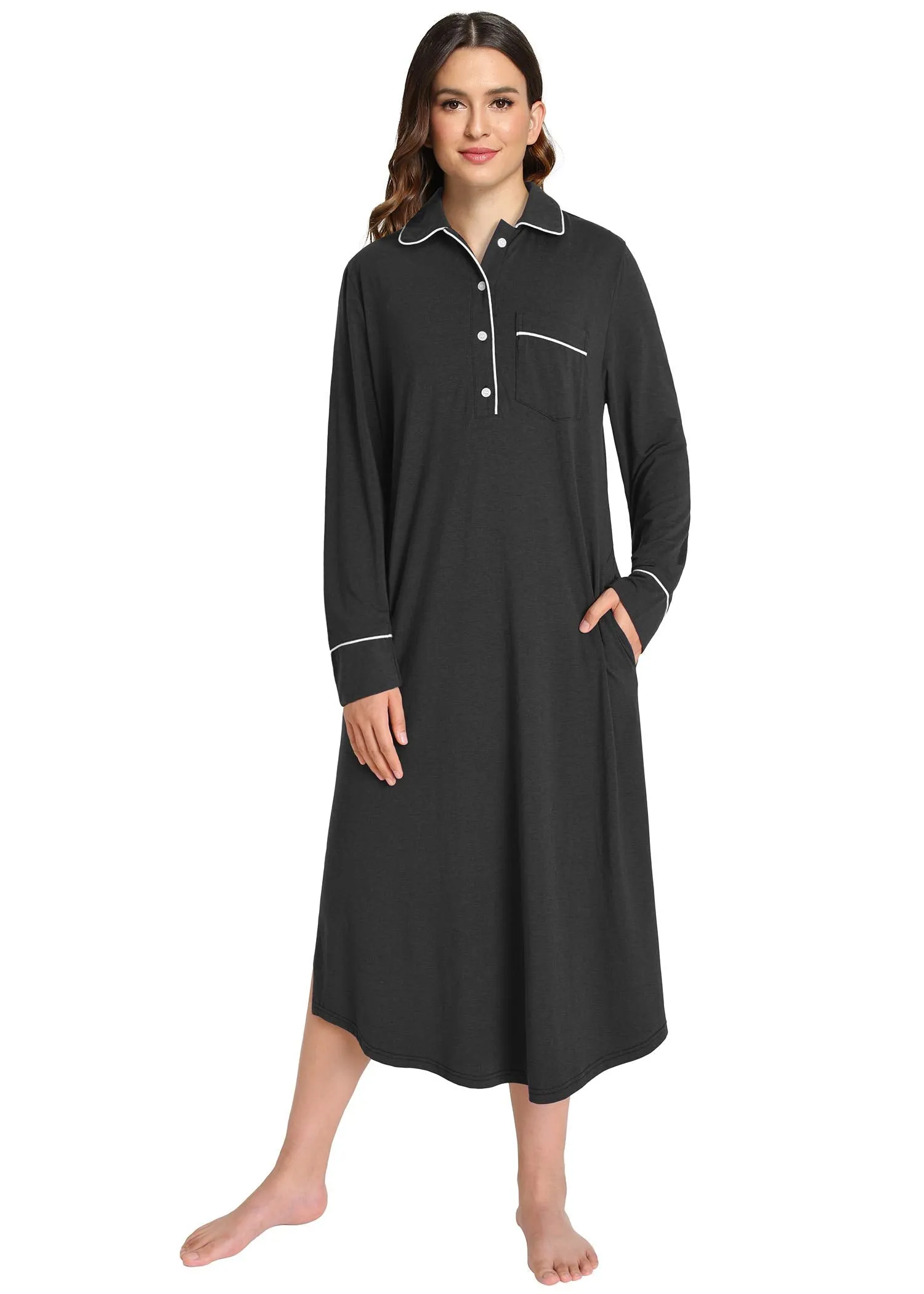 Women's Button Down Sleep Shirt Long Sleeves Nightgown