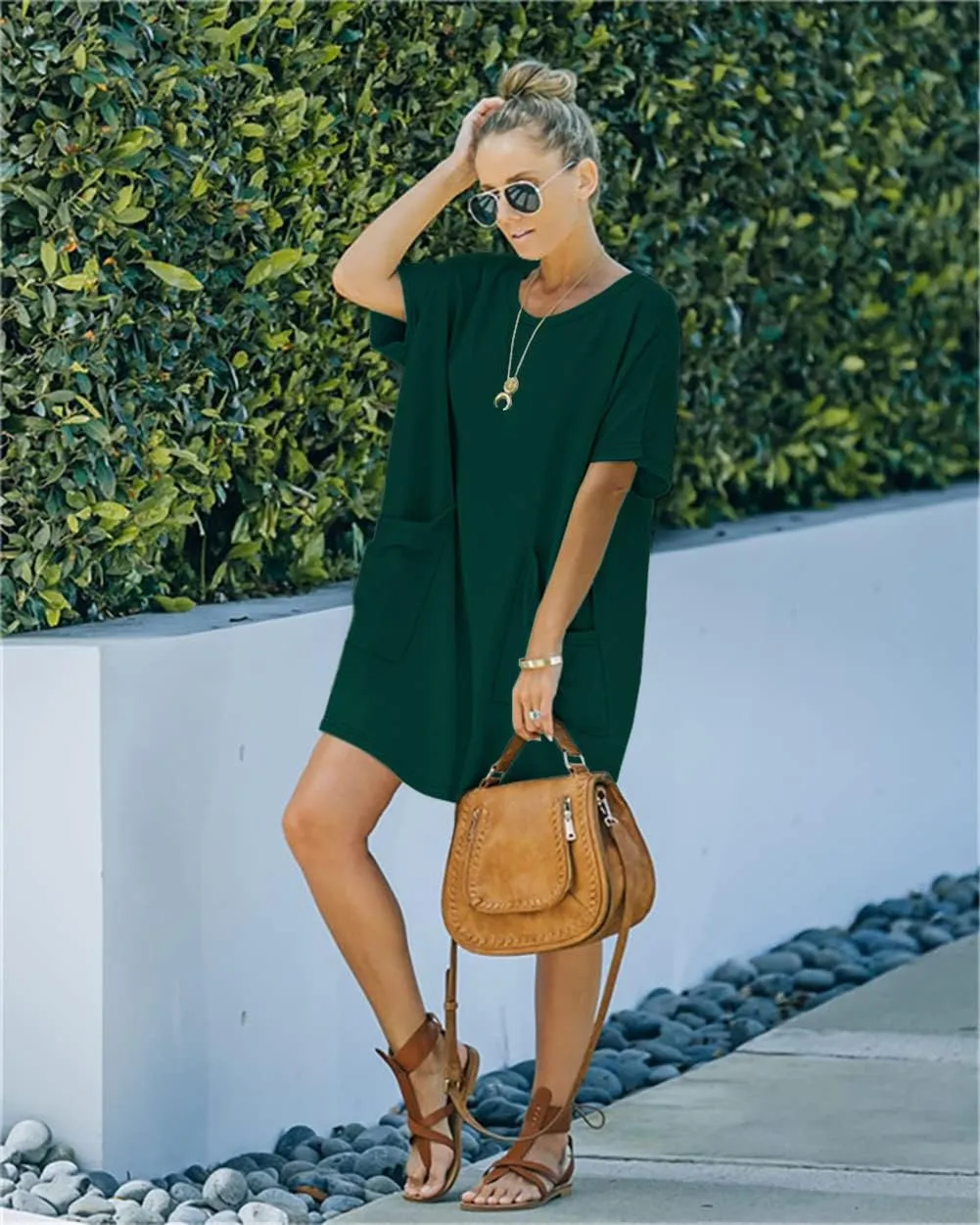 Womens Casual Summer T Shirt Dress Elastic Loose Short Sleeve Dress with Pocket for Women