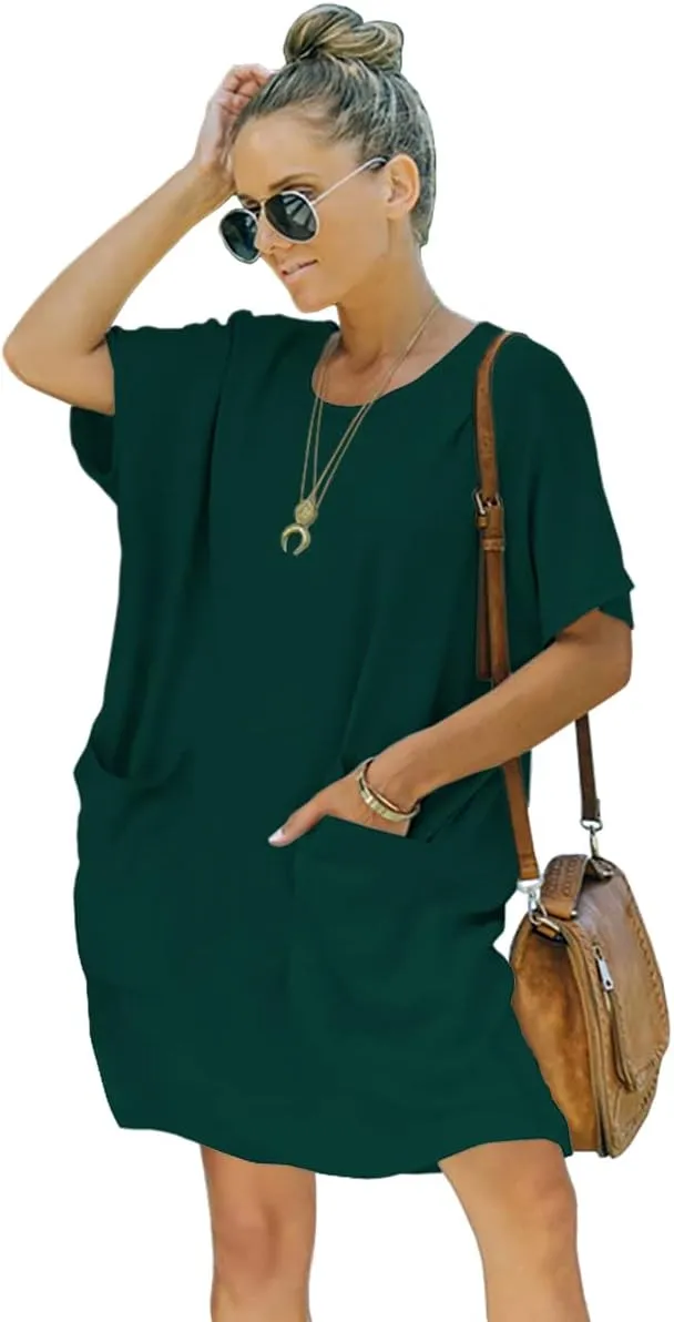 Womens Casual Summer T Shirt Dress Elastic Loose Short Sleeve Dress with Pocket for Women