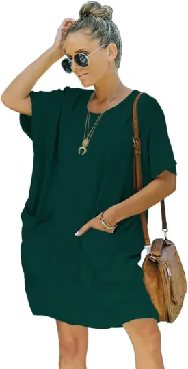 Womens Casual Summer T Shirt Dress Elastic Loose Short Sleeve Dress with Pocket for Women