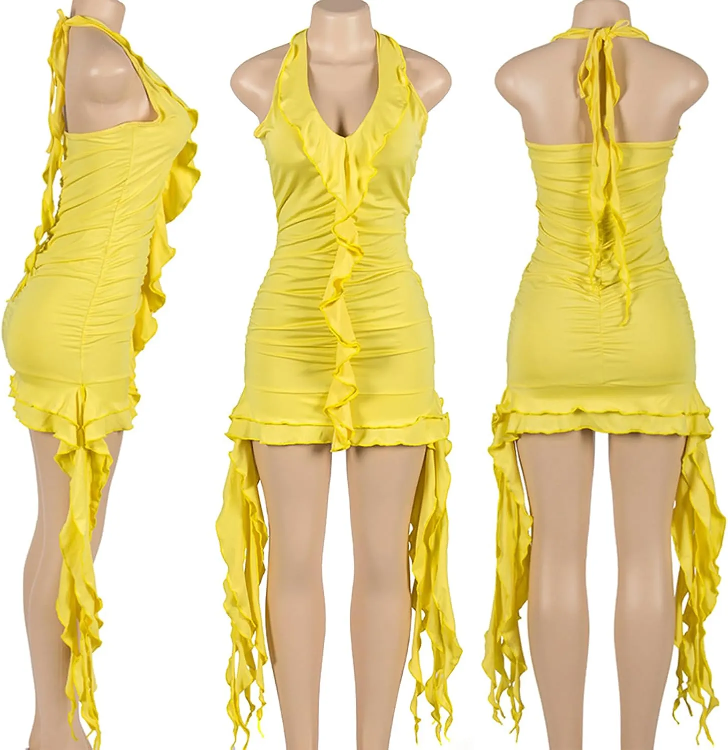 Womens Sexy Ruffle Y2K Mini Dress Halter Deep V Neck Backless Fringe Tassel Ruched Party Club Short Dresses