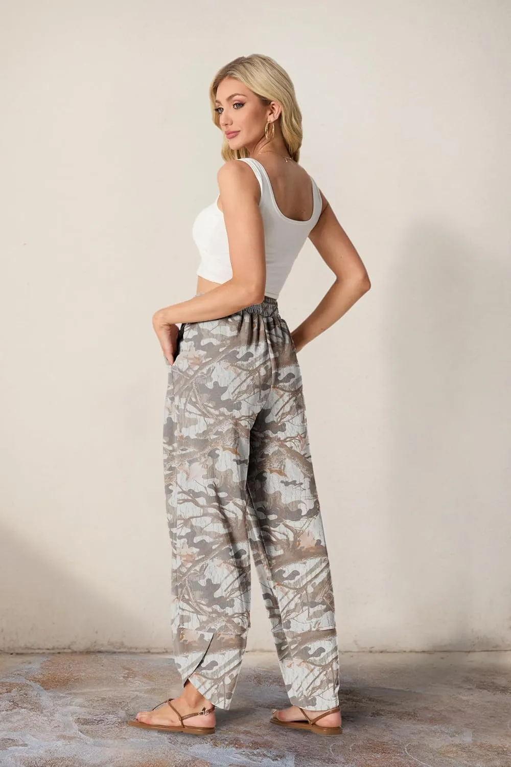 Womens Wide Leg Harem Pants Casual Loose Elastic Waist Solid Color Comfy Palazzo Lounge Baggy Sweatpants with Pockets