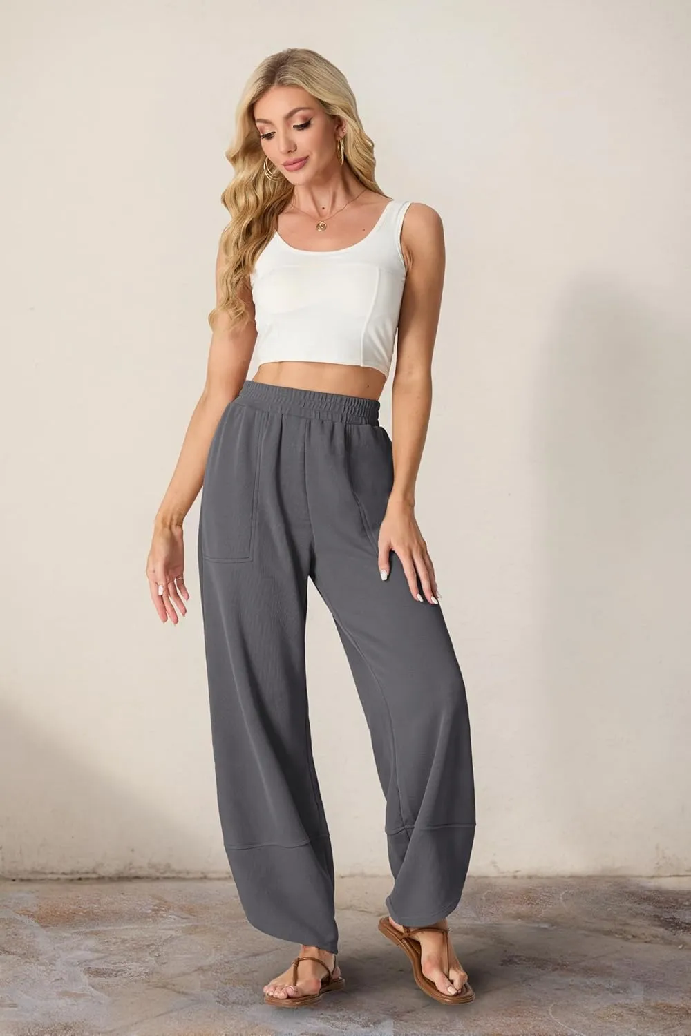 Womens Wide Leg Harem Pants Casual Loose Elastic Waist Solid Color Comfy Palazzo Lounge Baggy Sweatpants with Pockets