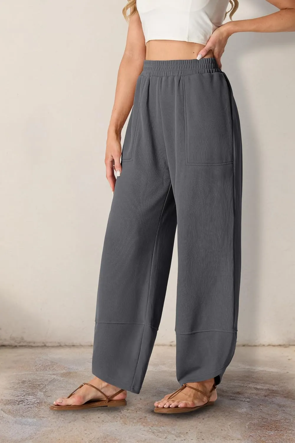 Womens Wide Leg Harem Pants Casual Loose Elastic Waist Solid Color Comfy Palazzo Lounge Baggy Sweatpants with Pockets