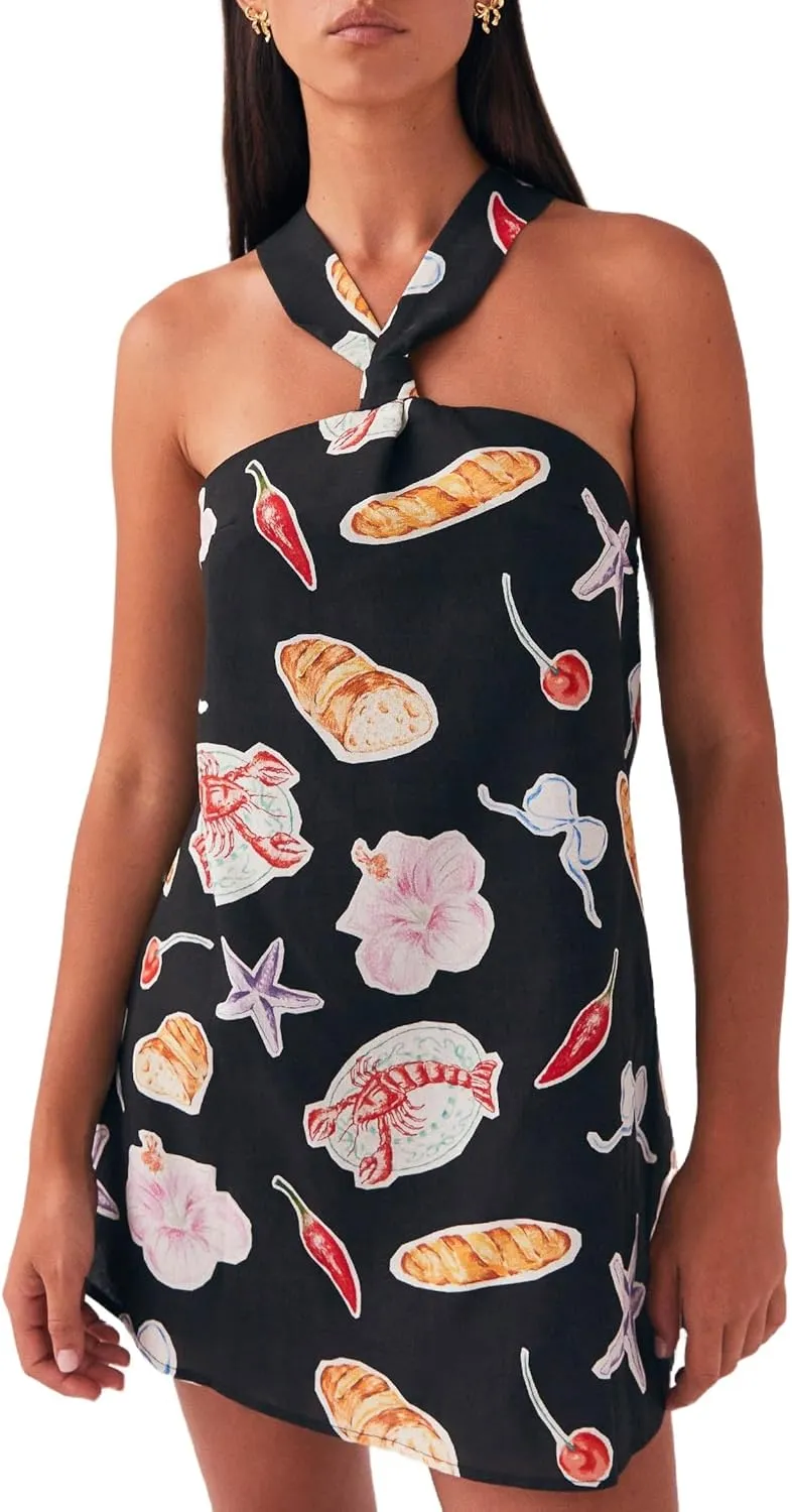 Y2k Women Floral Halter Mini Dress Sexy Tie Up Backless Sleeveless Bodycon Cami Short Dresses Aesthetic Summer