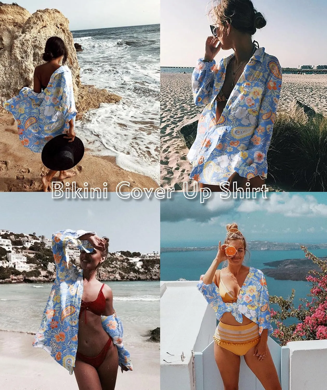 Zoye Chen Womens Bikini Swimsuit Cover Up Button Down V Neck Shirts Long Sleeve Blouse Beachwear Bathing Suit