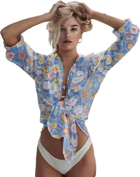 Zoye Chen Womens Bikini Swimsuit Cover Up Button Down V Neck Shirts Long Sleeve Blouse Beachwear Bathing Suit